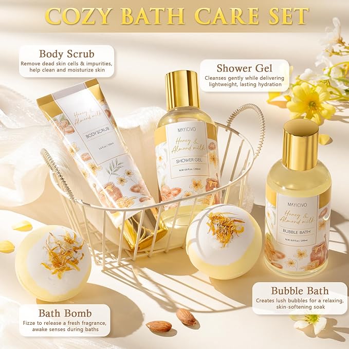 Christmas Birthday Gifts for Women, Honey & Almond Milk Relaxing Spa Gift Baskets for Women Self Care Package Bath Gift Set, Home Bath and Body Kit Pamper Gifts for Womens Mom Her Friends Sister Wife