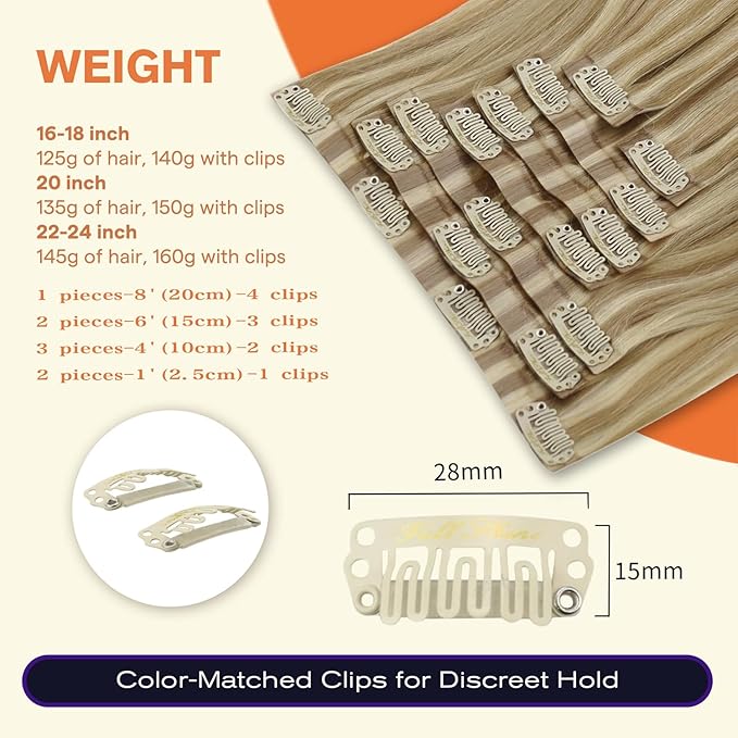 Full Shine Clip in Hair Extensions 16 inch 140g 8Pcs Dark Ash Blonde Mix with Light Blonde Seamless Hair Extensions Clip in Remy Hair Clip ins