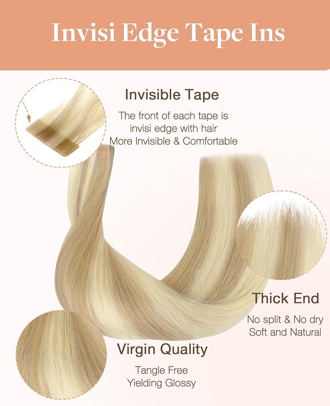 GOO GOO Invisi Edge Tape in Hair Extensions Human Hair, 18A/613A Dark Blonde Highlighted Bleach Blonde 20pcs injected with 20pcs classical tape ins, 14inch 100g, Virgin Remy Hair, Natural Look