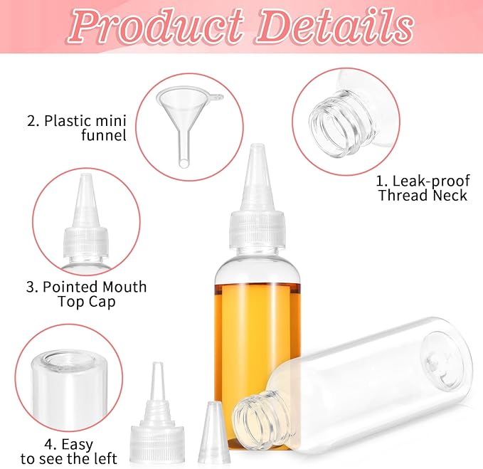 60 Pcs 2 oz (60 ml) Plastic Hair Squeeze Bottle with Twist Cap - Refillable Applicator Bottle for Hair Oils, Dyes & Liquids, Includes 2 Funnels (Clear, 4.72 x 1.34 inches)