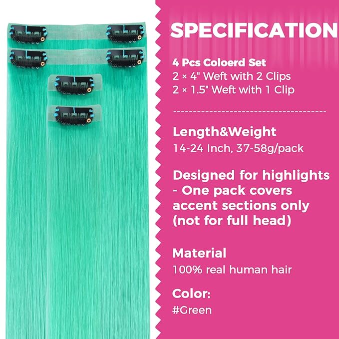 Lashey Seamless Clip in Hair Extensions Human Hair 4pcs 37g Green 16 Inch Straight Hair Extensions Clip ins with PU Soft Invisi Edge