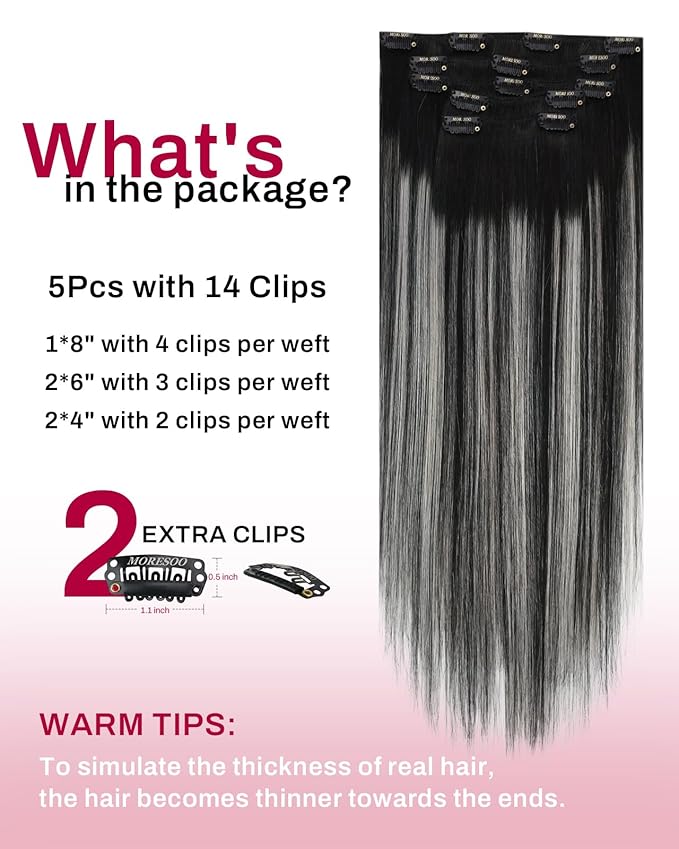 Moresoo Silver Grey Hair Extensions Real Human Hair Clip ins Balayage Black to Silver Double Weft Human Hair Clip in Extensions Short Straight Hair Extensions for Women 80g/5pcs 14in