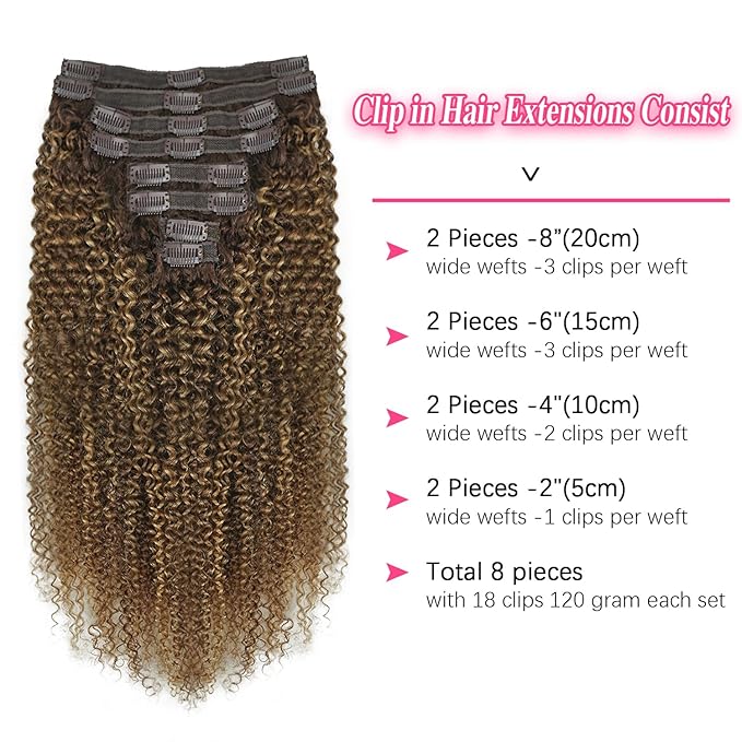 Kinky Curly Clip in Hair Extensions Real Human Hair 4/27/4 Omber Kinky Curly Clip ins For Women 3c 4a Brazilian Virgin Clip on Hair (24inch,#4/27/4)