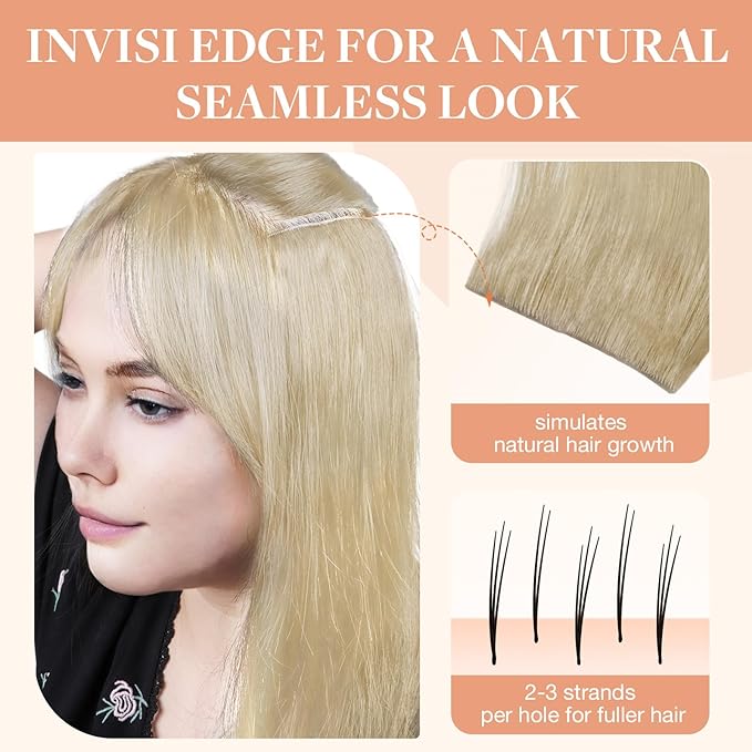GOO GOO Invisi Edge Tape in Hair Extensions Human Hair, 60A Platinum Blonde 20pcs injected with 20pcs classical tape ins, 14inch 100g, Virgin Remy Hair, Natural Look