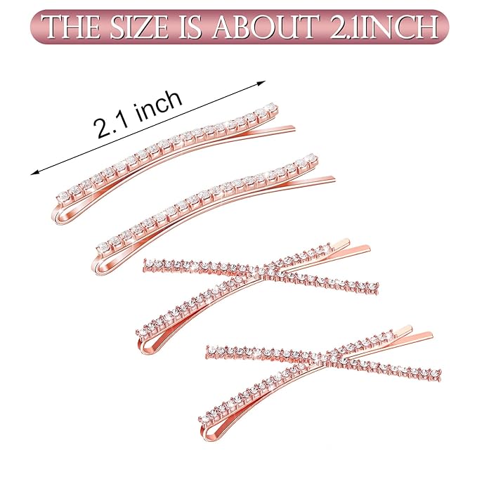 12 Pieces Rhinestone Bobby Pins Decorative Fancy Crystal Hair Clips Shiny Metal X Shaped Barrettes Bling Diamond Wedding Bridal Shower Hair Accessories for Women Ladies Girls (Rose Gold)