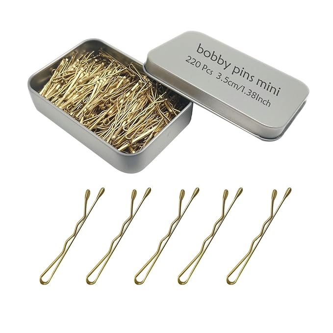 220 Count Mini Wavy 1.38 Inch Blonde Bobby Pins, YINGFENG Small Gold Hair Clips with Storage Box for Updos, Metal Hair Clips for Kids, Girls and Women, Suitable for All Hair Types