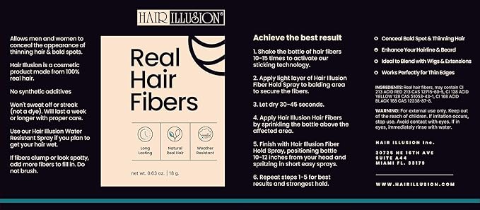 Hair Illusion Black Real Hair Fibers for Thinning Hair - 100% Natural Texture, Non Synthetic Hair Fibers - Bald Spot Cover Up for Women & Men - 18 Gram