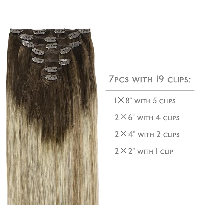 WENNALIFE Clip in Hair Extensions Real Human Hair, 16 Inch 120g 7pcs Ombre Walnut Brown to Ash Brown and Bleach Blonde Clip in Human Hair Remy Clip in Hair Extensions Real Human Hair Double Weft
