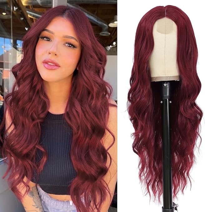 NAYOO Long Wine Red Wavy Wig for Women 26 Inch Middle Part Curly Wavy Wig Natural Looking Synthetic Heat Resistant Fiber for Use (Wine Red)