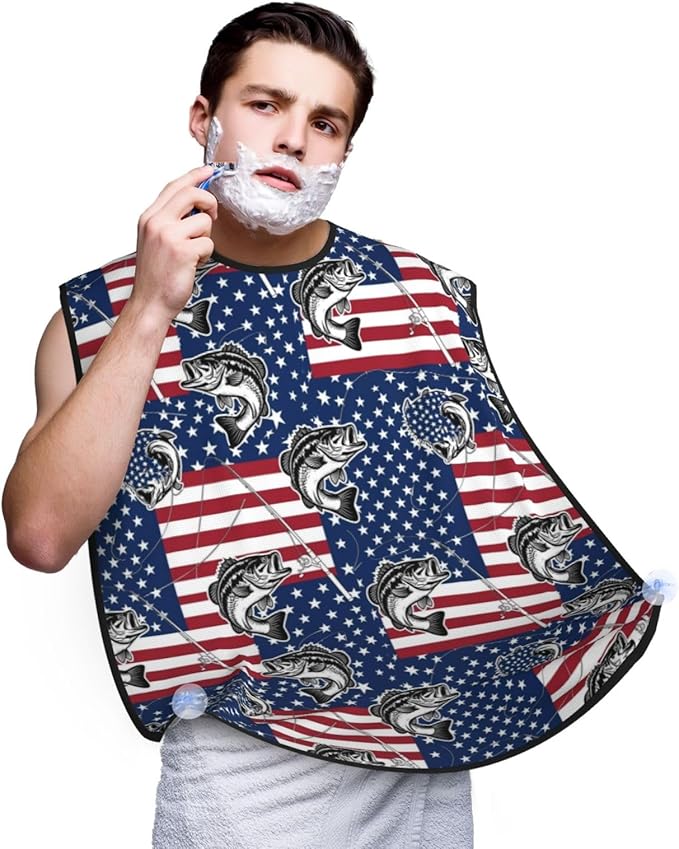 Waterproof Beard Grooming Bib, American Bass Fishing Lure Flag Shave Bib, Non-Stick Hair Catcher for Shaving Trimming, Apron Essential for Men Dad