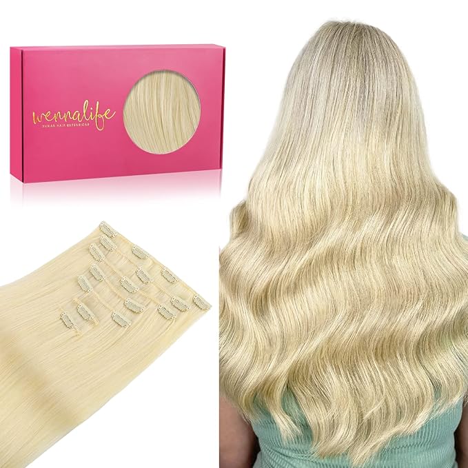 WENNALIFE Clip in Hair Extensions Real Human Hair, 14 Inch 120g 7pcs Human Hair Extensions Clip In Human Hair, Bleach Blonde Hair Extensions Clip In Real Hair Coloured Remy Human Hair Extensions