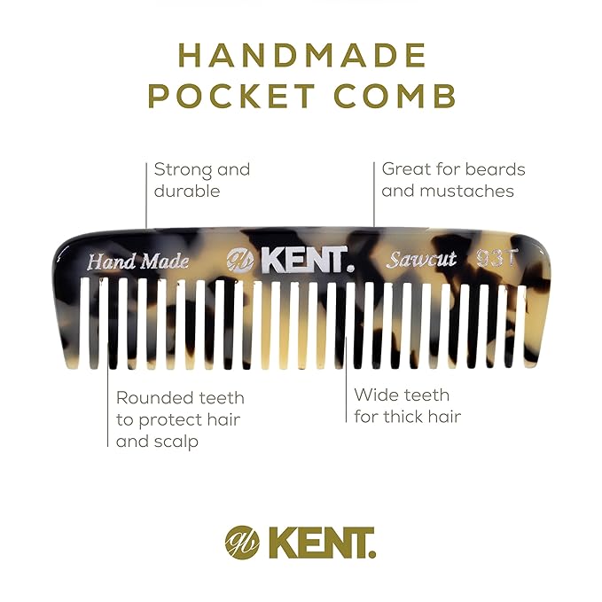 Kent 93T Tokyo White Beard Comb for Men - Wide Tooth Men's Comb, Ideal For Mustaches and Beards and Facial Hair, Small Pocket Sized Travel Detangler Combs, Saw-Cut, Hand Polished, Made in England