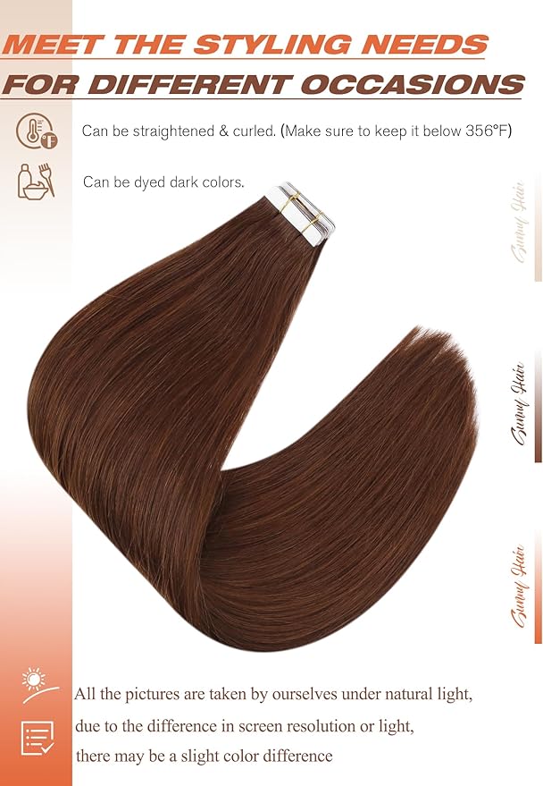 Sunny Hair Tape in Hair Extensions Real Human Hair Invisible Remy Hair Extensions Tape ins for Women Auburn Brown 14 inch 20Pcs 50G