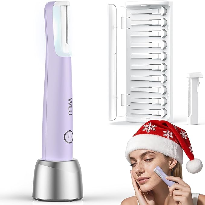 Dermaplane Razor for Women Face, WLU Rechargeable Face Dermaplaning Tool – Peach Fuzz, Facial Hair & Exfoliation Removal, Sonic Technology with LED Light, 3 Speeds & 10 Blades (Purple)