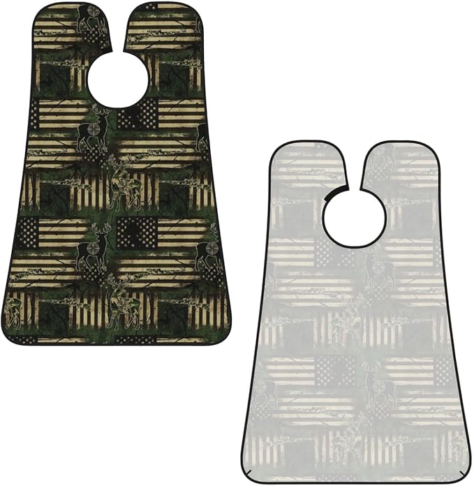 Adjustable Beard Bib, Non-Stick Hair Catcher Cape for Men's Shaving, Waterproof with 2 Suction Cups, Camouflage Hunting Deer Camo American Flag Shave Bib