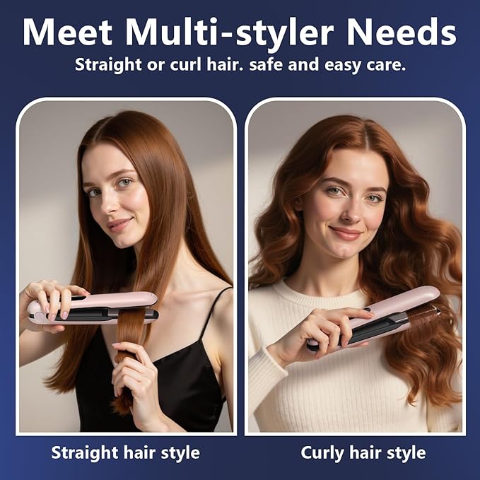 2-in-1 Cordless Hair Straightener & Curler – Includes Carrying Pouch – Mini Travel Hair Straightener with LCD Display, USB-C Charging, 4 Temp Modes up to 420°F and Long Battery Life