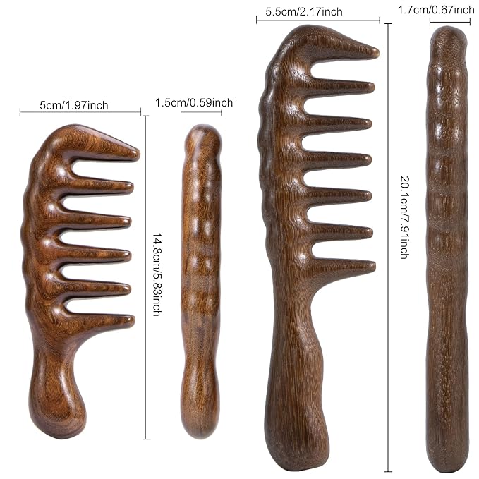 Wooden Wide Tooth Comb for Curls, 2 Pcs Thicken Natural Sandalwood Hair Combs for Women and Men, Detangles Long Thick Wet or Dry Hair, Head Scalp Massager, Anti-static (Golden, Long&Short)