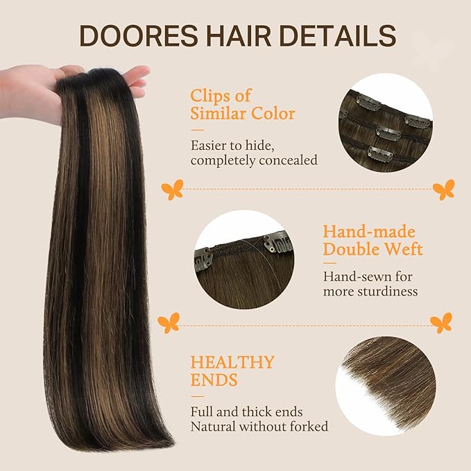DOORES Clip in Hair Extensions Human Hair Extensions, Balayage Natural Black to Chestnut Brown 16 Inch 7pcs 120g Real Hair Extensions Straight Thick Natural Human Hair Extensions