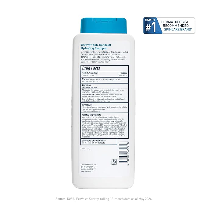 CeraVe Hydrating Anti Dandruff Shampoo, 1% Pyrithione Zinc Dandruff Treatment With Ceramides, Niacinamide & Hyaluronic Acid, Helps Eliminate Flakes & Provides Itchy Scalp Relief, Sulfate Free, 12 Oz
