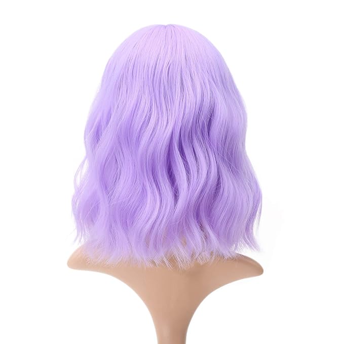 FAELBATY Short Wavy Purple Wigs With Air Bangs Shoulder Length Wig For Women Girls Curly Wavy Synthetic Halloween Cosplay Costume Wigs (12" Purple)