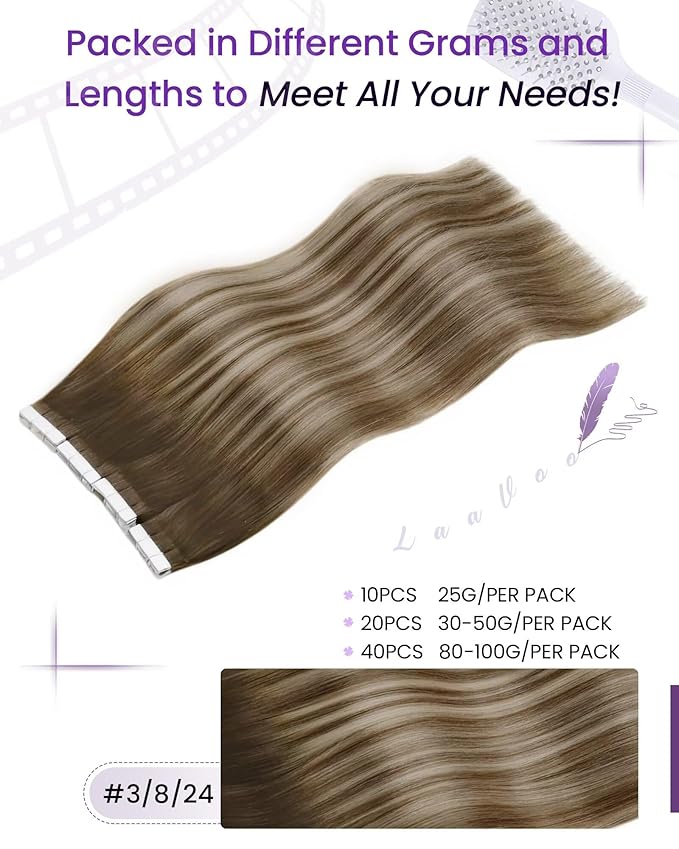 LaaVoo Tape in Hair Extensions Human Hair Ombre Hair Extensions Tape in Balayage Dark Brown to Light Brown Mixed Light Blonde Tape on Extension Real Hair 14inch 20pcs 50g