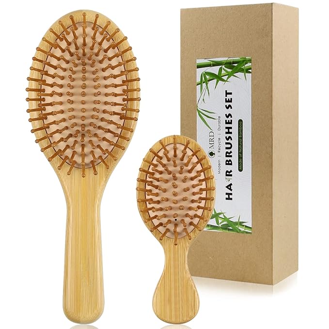 2Pcs Hair Brush, Natural Bamboo Hair brushes Set With Paddle Detangling Wooden Hairbrush and Mini Travel Size Brush, Massage Scalp Thick/Thin/Curly/Dry Hair For Women Men and Kids by MRD