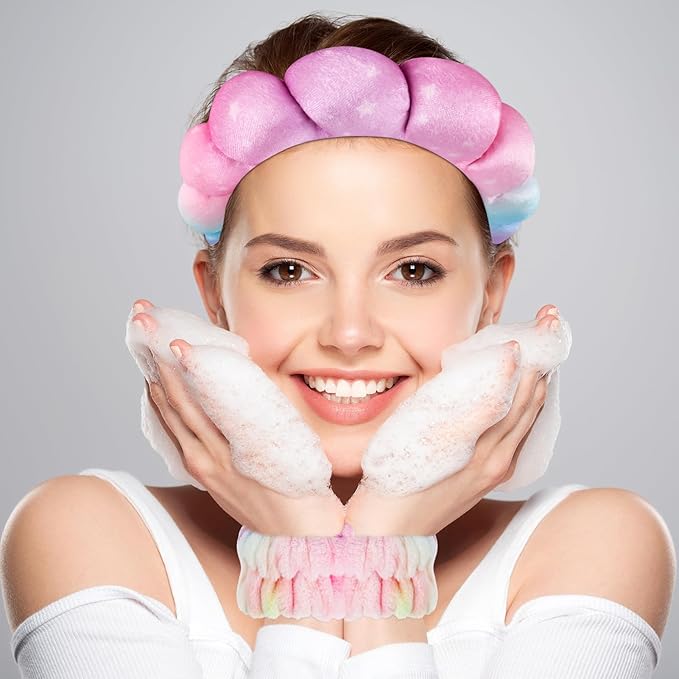 Zkptops Spa Headband for Washing Face Wristband Set Sponge Makeup Skincare Velvet Fabric Bubble Soft Get Ready Hairbands for Women Puffy Headwear Non Slip Thick Thin Hair Accessory(Star)