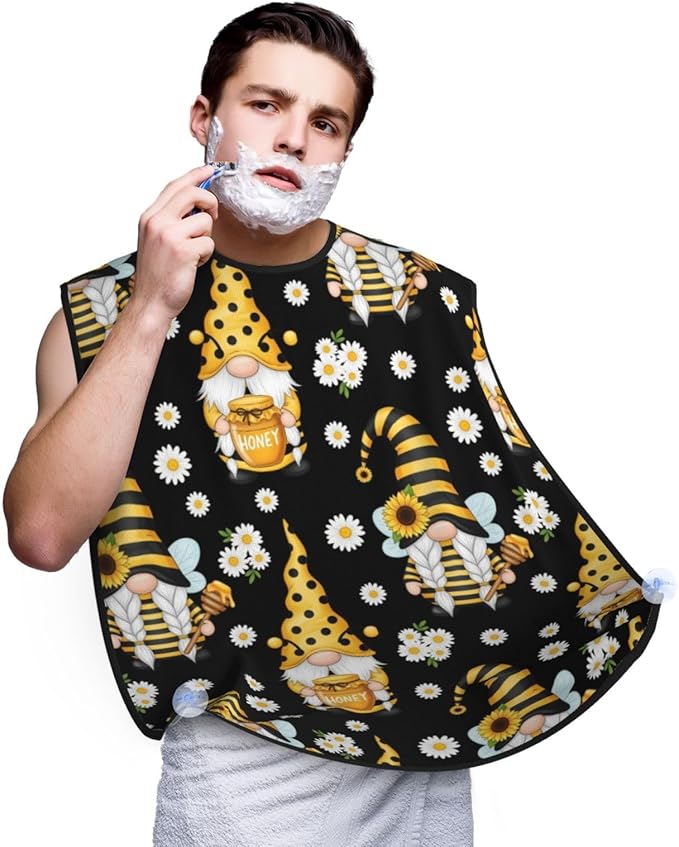 Adjustable Non-Stick Beard Apron, Hair Catcher Cape for Shaving Grooming, Waterproof with Suction Cups Men, Sunflower Bee Cute Cartoon Gnome Black Shave Bib