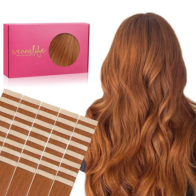 WENNALIFE Tape in Hair Extensions Human Hair, 40pcs 60g 10 inch Dirty Ginger Hair Extensions Real Human Hair Straight Tape in Extensions Invisible Human Hair Extensions Reusable Real Hair Extensions