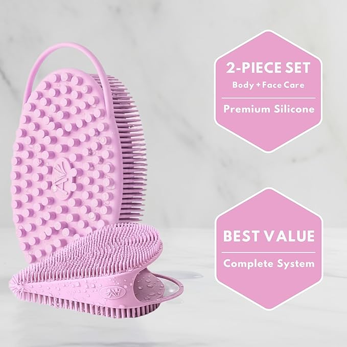Body Face Scrubber Set Silicone - 2 Pack Shower Brush Facial Cleansing Kit - Avilana Bath Loofah Alternative Complete Skincare System Dual Sided - Gift Set Women Men
