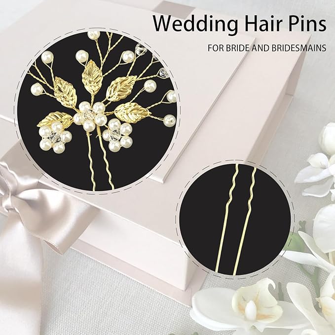 5 Pieces Bride Hair Pins Pearl Bridal Hair Piece for Women Sparkly Gold Leaf Crystal Hair Accessories for Bride Bridesmaids Flower Girls(Gold)