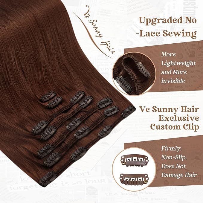 Ve Sunny Clip in Hair Extensions Real Human Hair, Clip on Extensions Human Hair, Short Straight Hair Extensions Clip ins Auburn for Party Add Volume Bold Color, 5pcs 80g 12inch