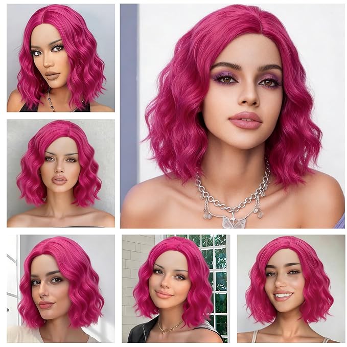 BUFASHION 14" Women Short Hot Pink Kinky Straight Cosplay Synthetic Wigs With Air Bangs 46 Colors Available (Hot Pink)