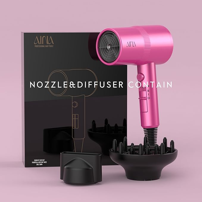 AINA Hair Dryer with Diffuser, Blow Dryer for Women | Advanced Ionic Technology, Ceramic Coating | Cold Shot Features Turbo Heat for Fast Drying and Shine 110V/ALCI (Neon Pink)