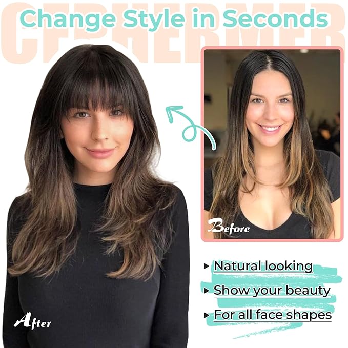 Clip in Bangs, Synthetic French Bangs Hair Clip, Fake Bangs Fringe with Temples Hairpieces for Women Natural Curved Hair Extensions for Daily Wear Copper Red