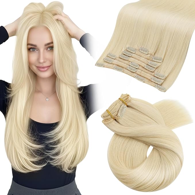 Moresoo Long Blonde Clip in Hair Extensions 24 inch Golden Platinum Blonde Real Human Hair Extensions Clip ins Remy for Women Long Straight 120g/7pcs 24 inch