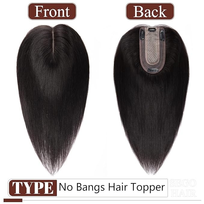 SEGO Real Human Hair Topper for Women, No Bangs Hair Topper with Anti-Slip Clips (8 Inch#1B Natural black)