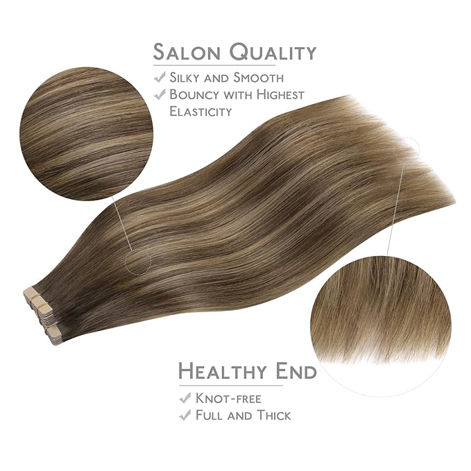WENNALIFE Tape in Hair Extensions Human Hair, 40pcs 100g 16 inch Balayage Chocolate Brown to Caramel Blonde Hair Extensions Real Human Hair Straight Tape in Extensions Reusable Real Hair Extensions