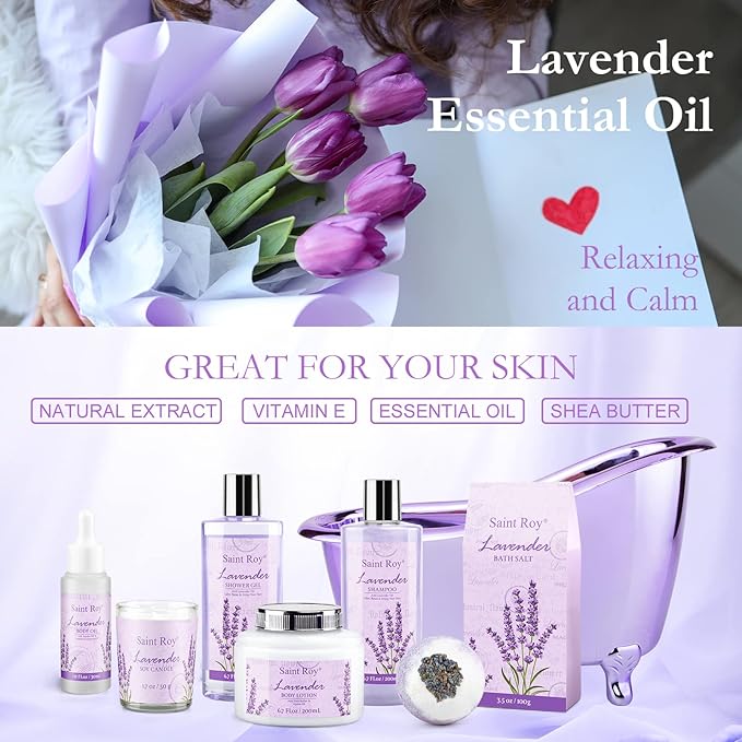 Lavender scented gifts for mom Spa Gift Baskets for Woman - spa baskets for women gift Lavender Gifts for Women, Bath Set, Christmas Gifts for Ladies, Home Spa Kit Gifts for Her, Mothers Day