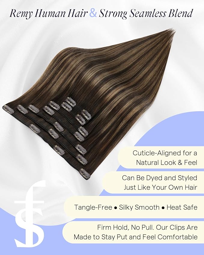 Full Shine Real Hair Clip in Extensions 160 G 18 Inch Balayage Dark Brown to Light Brown Clip in Hair Extensions for Thickness 7 Pcs