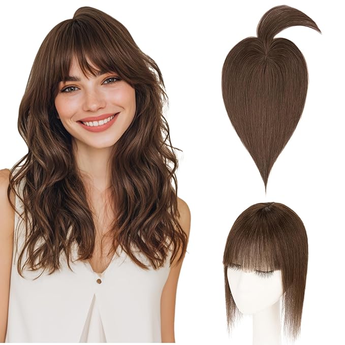 Hairro Mono Hair Toppers with Bangs, 3.4" x 3.4" Mono Base 100% Real Human Hairpieces for Women, 150% Density Clips In Topper for Greyish Thinning Hair, 14 Inch Dark Brown