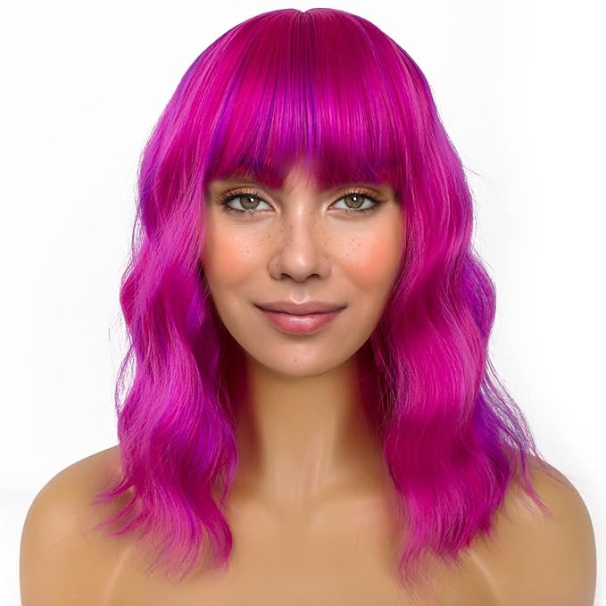 LANICE Short Bob Wigs with Bangs for Women Loose Wavy Hair Shoulder Length Rose Mix Purple Wigs Synthetic Colorful Wigs for Cosplay Daily PartyUse(Rose Mix Purple,12inch)