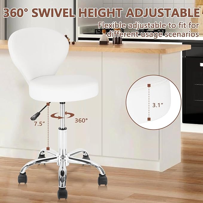 Set of 4 PVC Faux Leather Rolling Swivel Salon Stool Chair with Low Back Support Adjustable Hydraulic Seat Height 22 IN Diameter 15 IN for Office Massage Facial Spa Medical Tattoo White 4 Pack