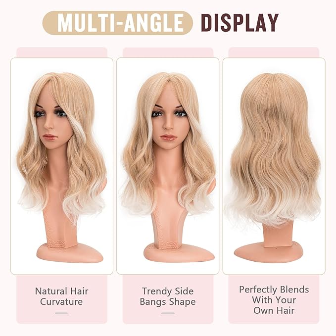 Hairro 18 Inch Long Hair Toppers Wavy with Side Bangs for Women, Clips In Synthetic Hairpieces Capless, for Adding Volume/Birthday/Party/Halloween/Cosplay Dress Up, White Blonde to White