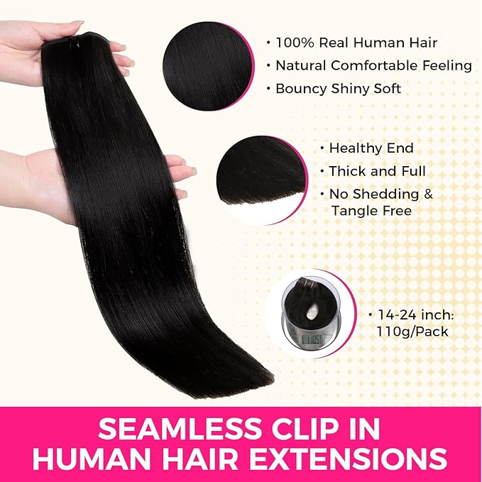 Lashey Seamless Clip in Hair Extensions Human Hair #1 Jet Black Light Yaki Straight Clip in Hair Extensions Real Human Hair 7pcs 110g 24 Inch PU Weft Natural for Women