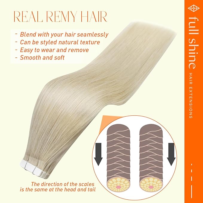 Full Shine Tape in Hair Extensions Blonde Tape in Hair Extensions Human Hair Blonde 60 22Inch Real Human Hair Tape ins 20Pcs 50Gram Natural Straight for Women Add Length