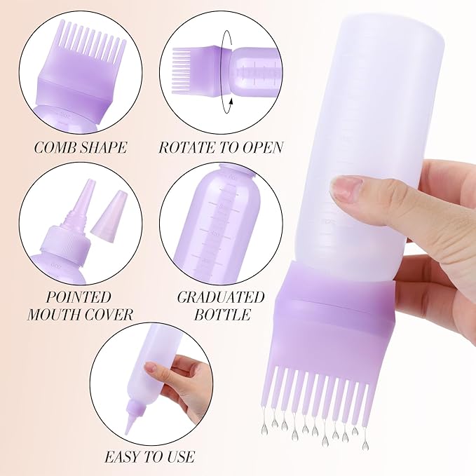 Pimoys Hair Oil Applicator Bottle for Scalp, Root Comb Applicator Bottles Hair Dye Squeeze Bottle Coloring Tools，2 Pack (Purple, White) with 4 Pointed Mouth Cover and Massage Comb