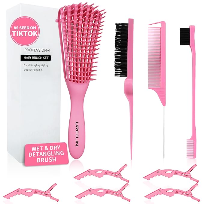 Detangler Brush Set for 3a,4c,Wig/Thick/Wavy/Curly/Wet Slick Back Hair Brushes,Rat Tail Combs,8-Row,Edge Brush,For braiding,teasing,parting,styling,kids,girls,women(Pink)