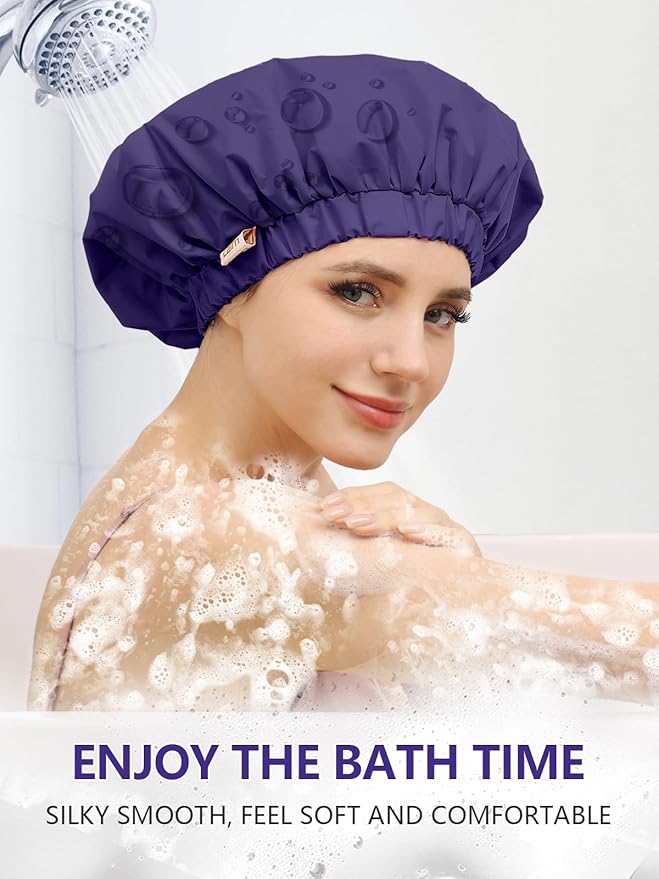 Years calm Reusable Waterproof Shower Caps for Women, Hair Caps for Showers, Double-Layer Elastic Design, for All Hairstyles, Travel-Friendly (Dark Blue)