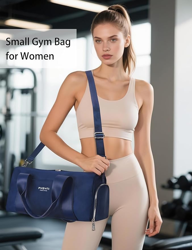 Compact Sports Gym Bag for Women and Man, Cute Mini Duffle Bag with Wet Pocket & Shoes Compartment, Personal Item Travel Workout Bag, 16"-Small, Navy